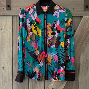 Johnny Was Janie Multicolor Floral Buttoned Shirt in Teal, Black and Pinks. XS